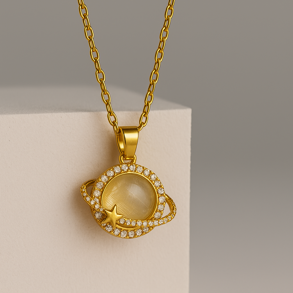You’re My Universe – Planet & Star Necklace with Sparkling Zircon Orbit | Romantic Gold Pendant