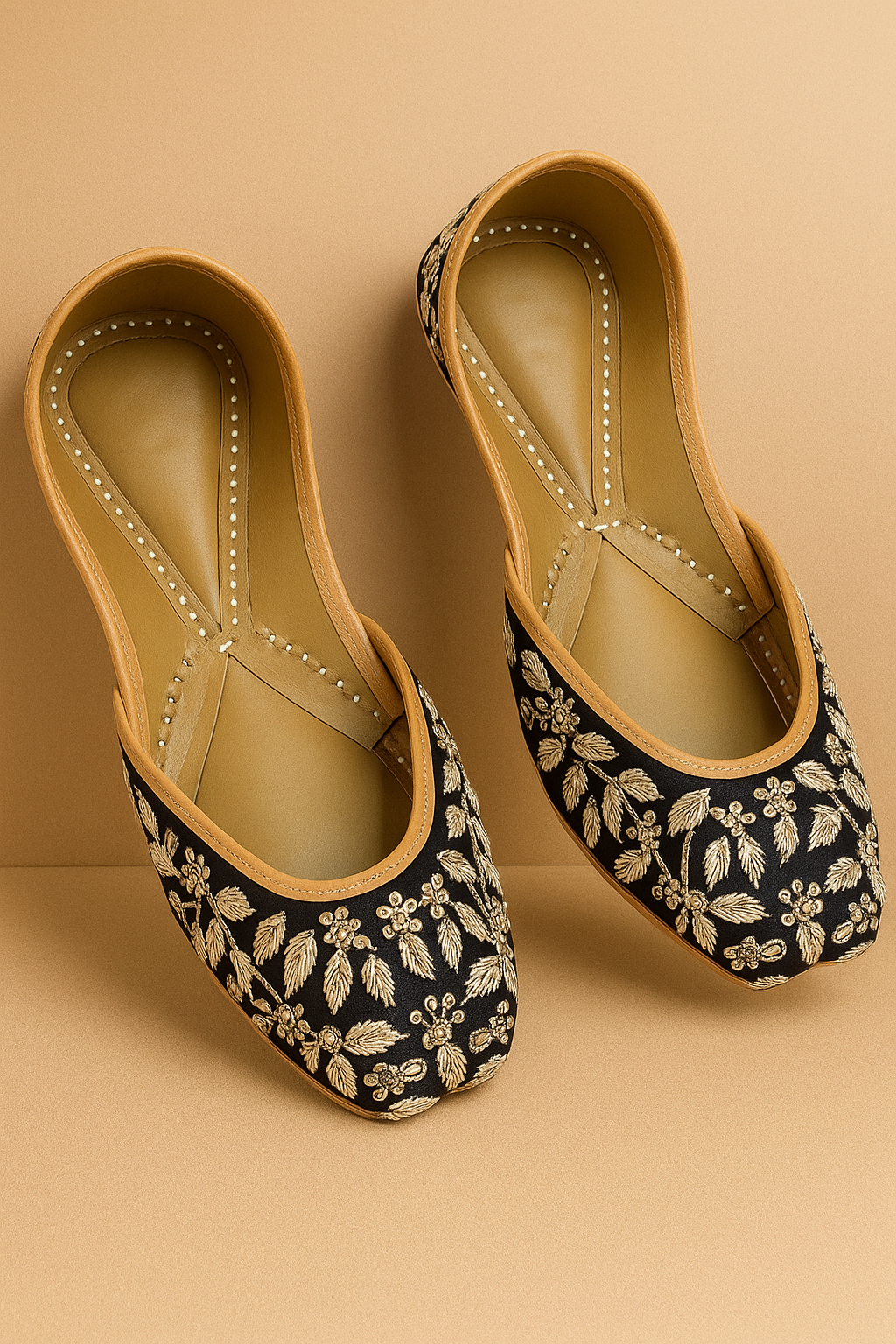 Elegant Black & Gold Embroidered Jutti for Women – Handcrafted Footwear for Festive & Ethnic Wear