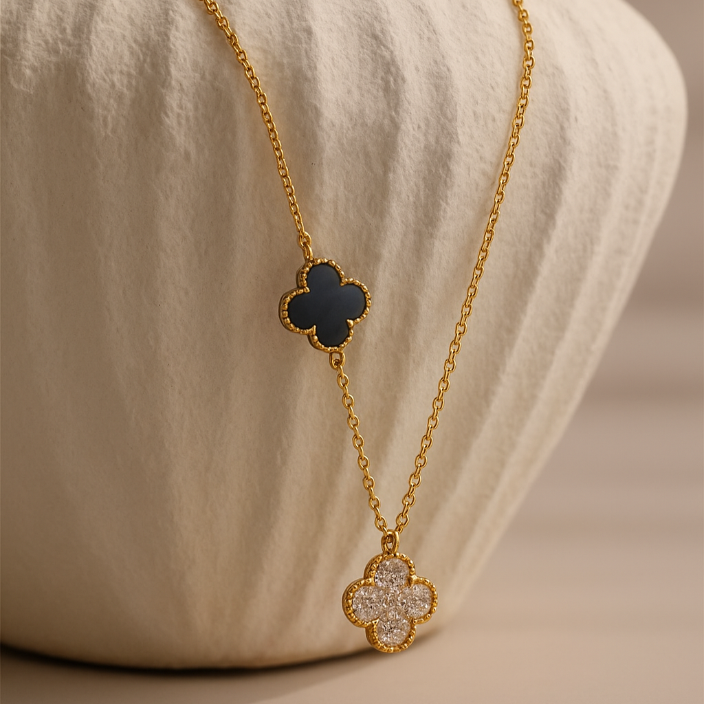 Gold Dual Clover Pendant Necklace – Anti-Tarnish Black & Crystal Clover Charm for Women