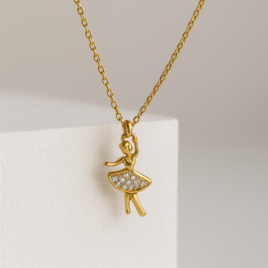 Anti-Tarnish Gold Ballerina Pendant Necklace with Sparkling CZ Crystals