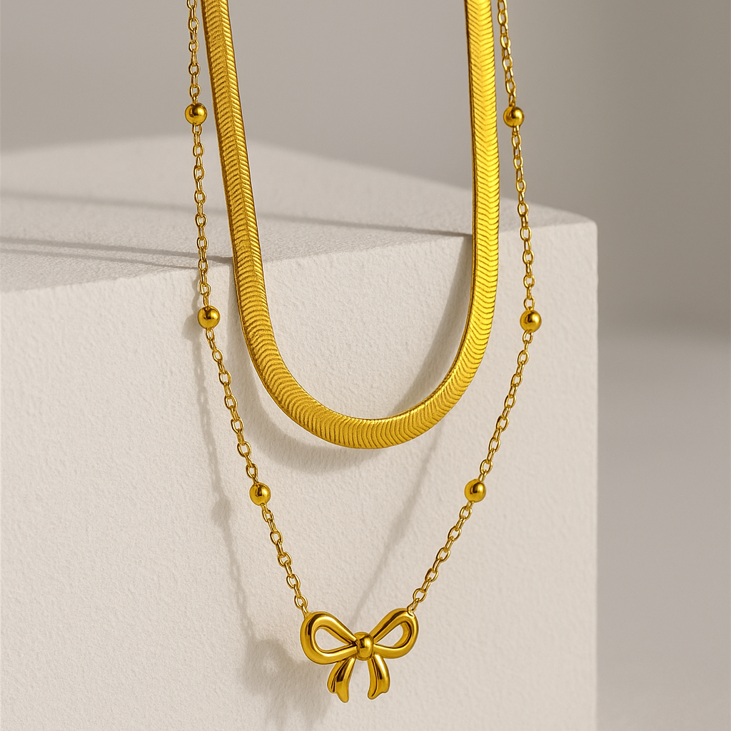 Anti-Tarnish Double Layer Gold Necklace with Cute Bow Pendant