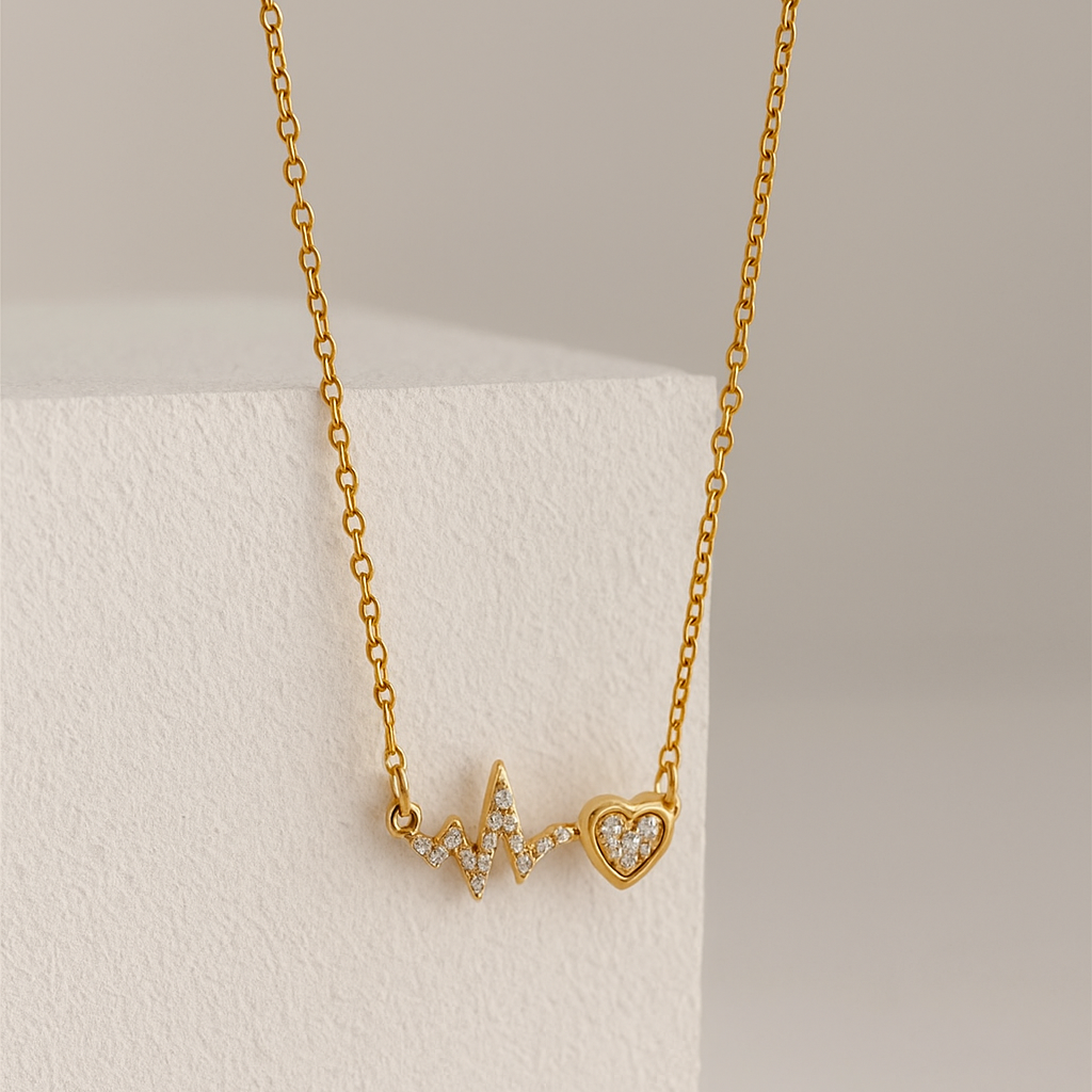 Anti-Tarnish Heartbeat & Heart Pendant Necklace with Sparkling CZ Crystals