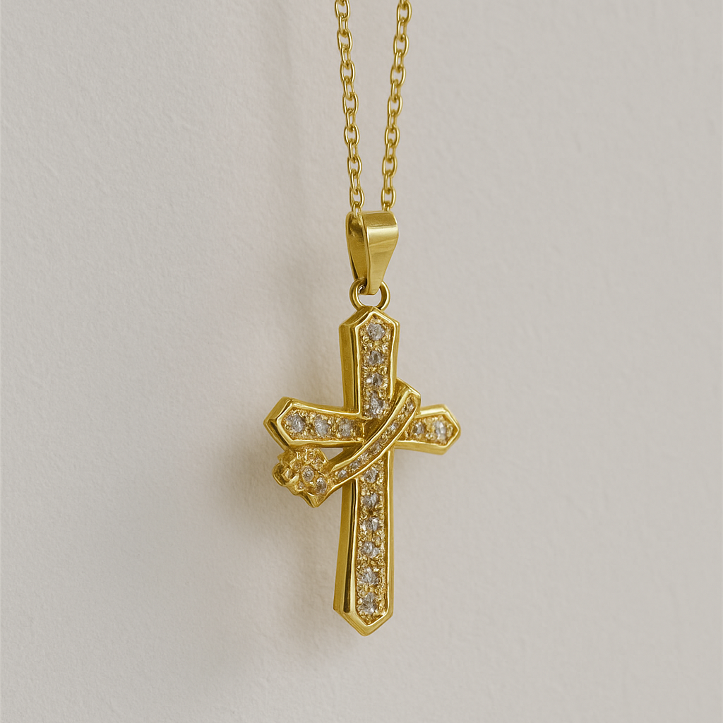 Anti-Tarnish Gold Cross Pendant Necklace with Sparkling CZ Crystals