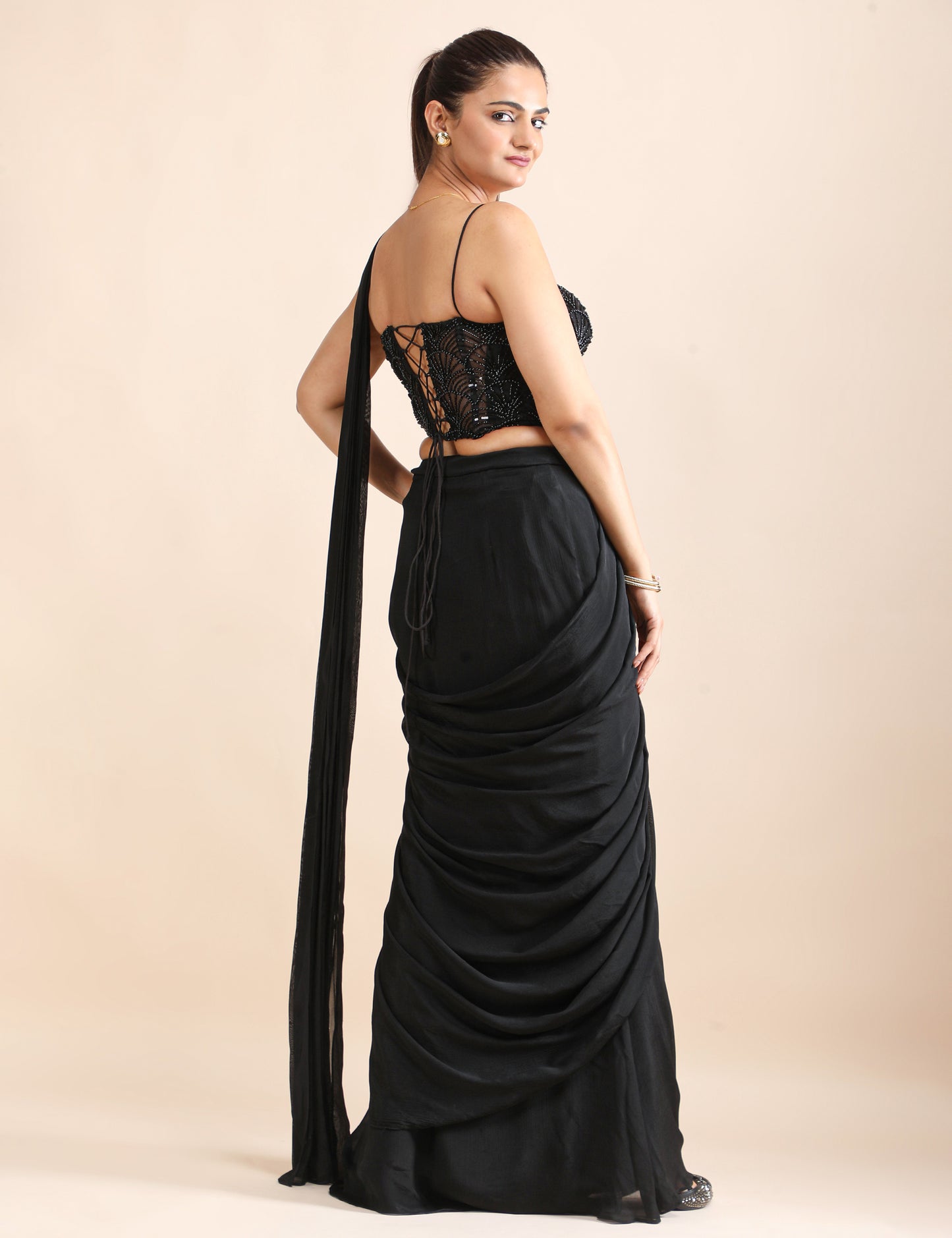 Midnight Wisper Pre-Draped Saree with Embellished Corset Blouse