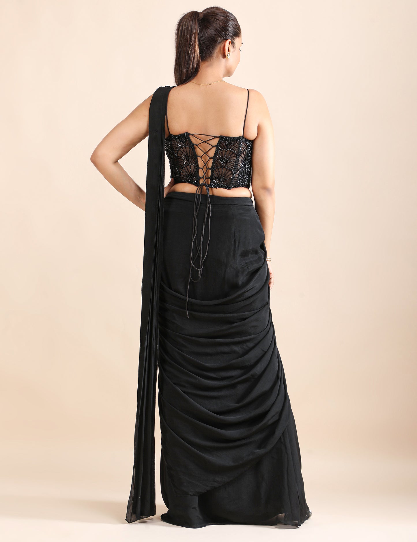 Midnight Wisper Pre-Draped Saree with Embellished Corset Blouse
