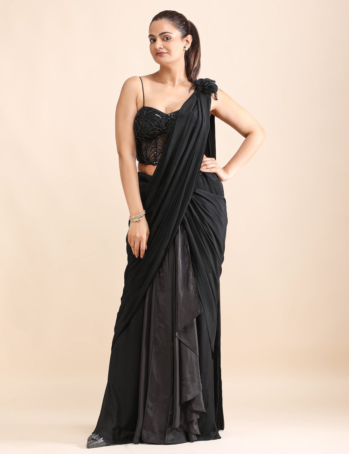 Midnight Wisper Pre-Draped Saree with Embellished Corset Blouse