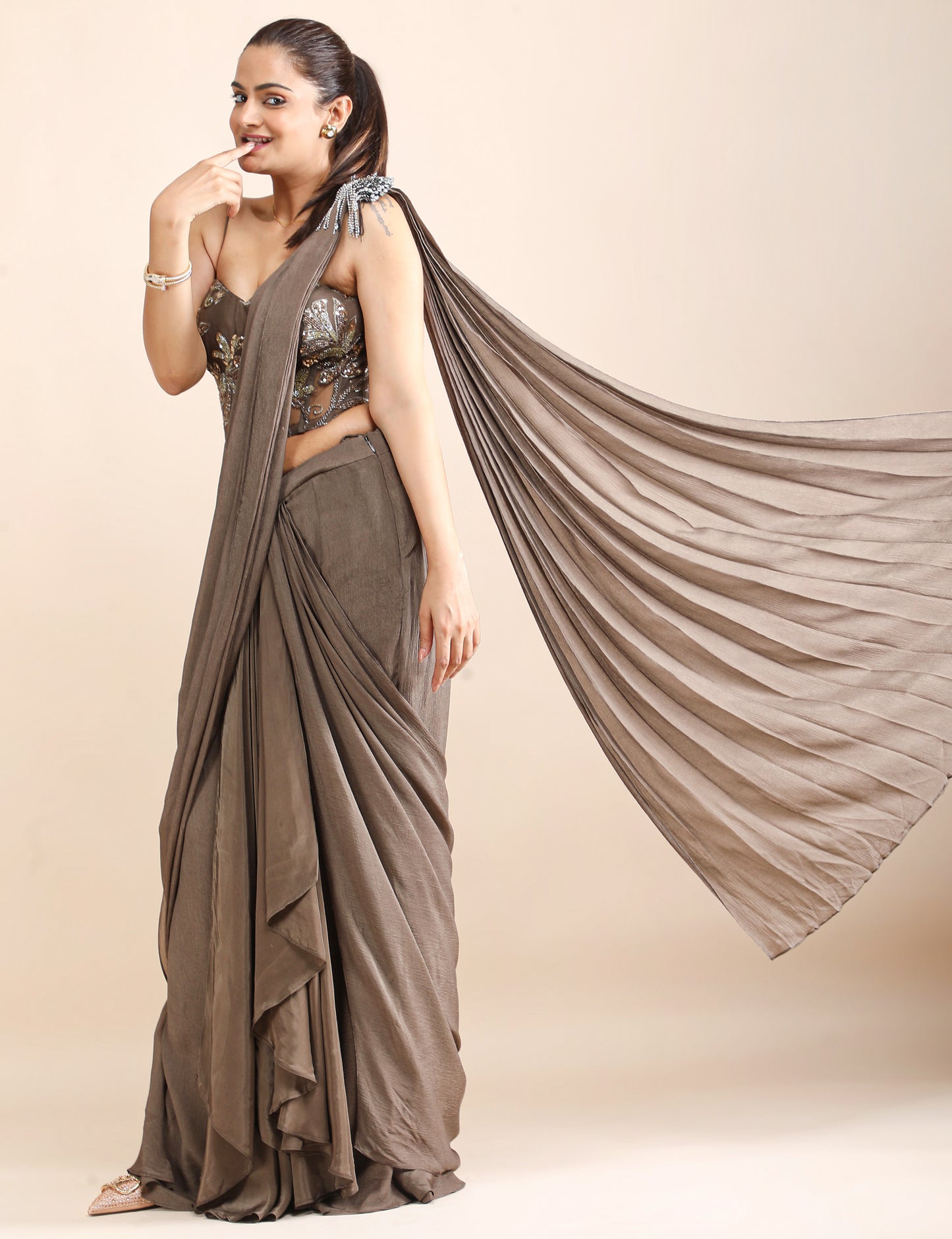 Sage Siren Pre-Draped Saree with Embellished Corset Blouse