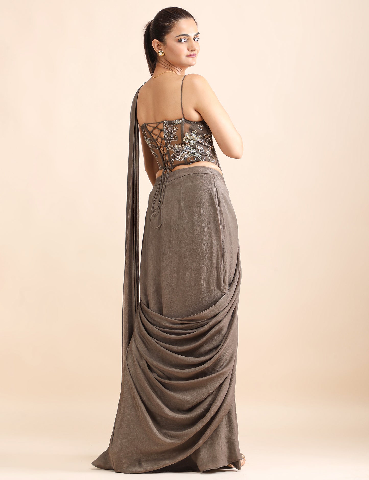 Sage Siren Pre-Draped Saree with Embellished Corset Blouse