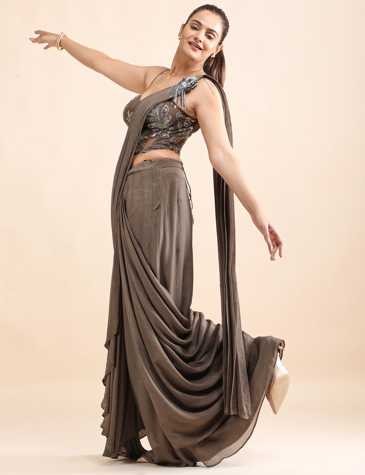 Sage Siren Pre-Draped Saree with Embellished Corset Blouse