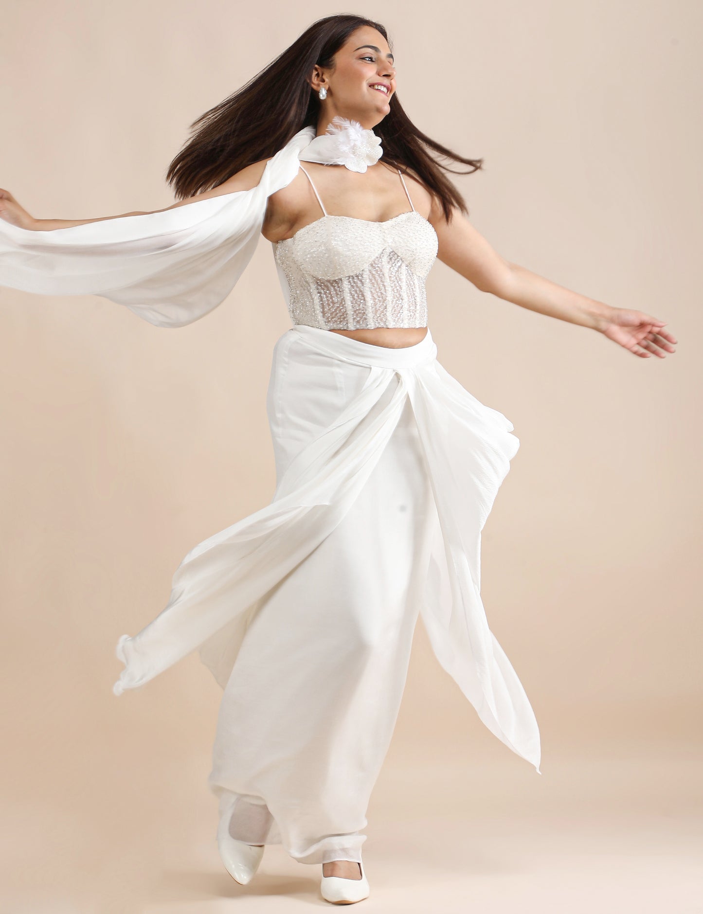 Ivory Bloom Pre-Draped Saree with Embellished Corset Blouse