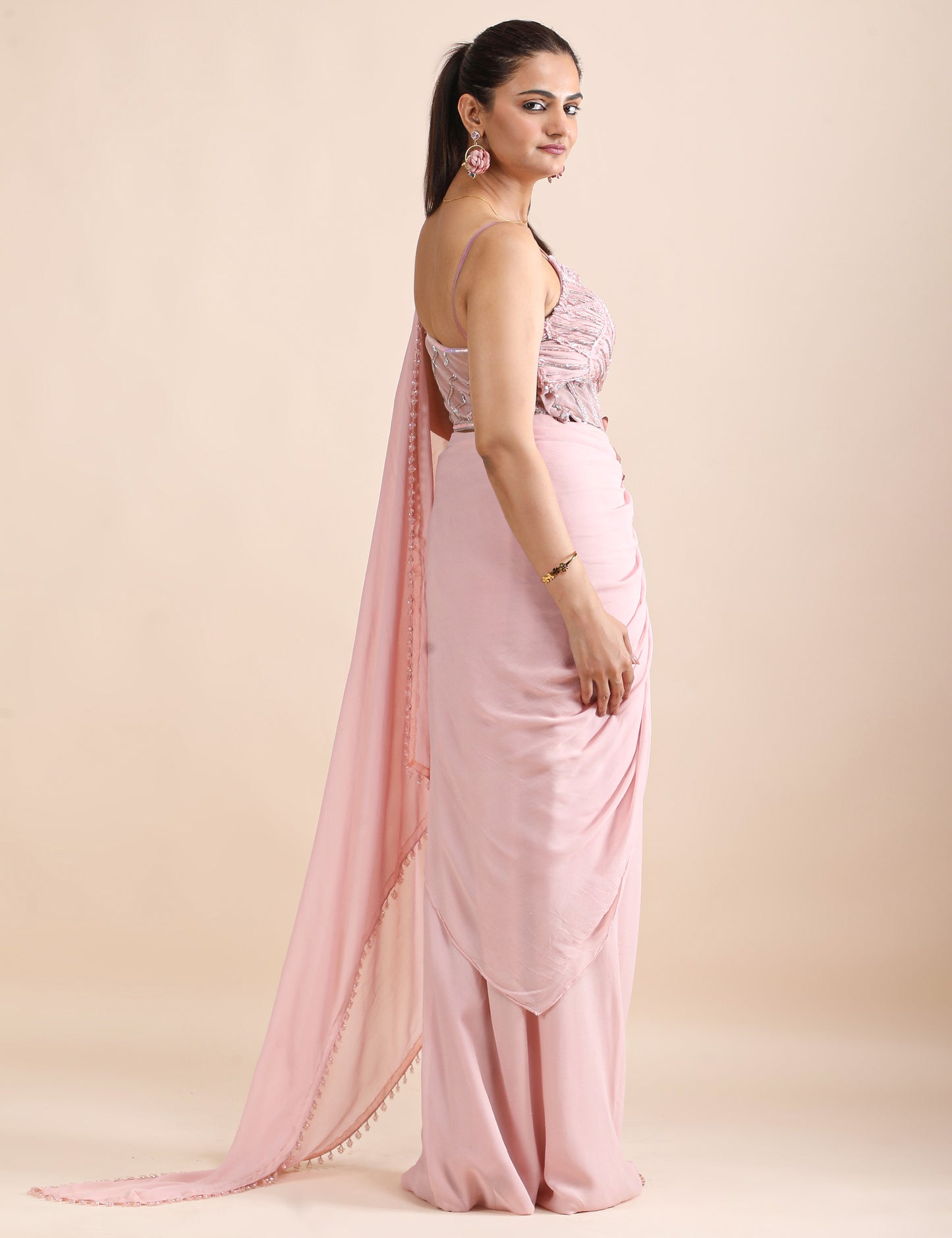 Rosé Whisper Pre-Draped Saree with Embellished Corset Blouse