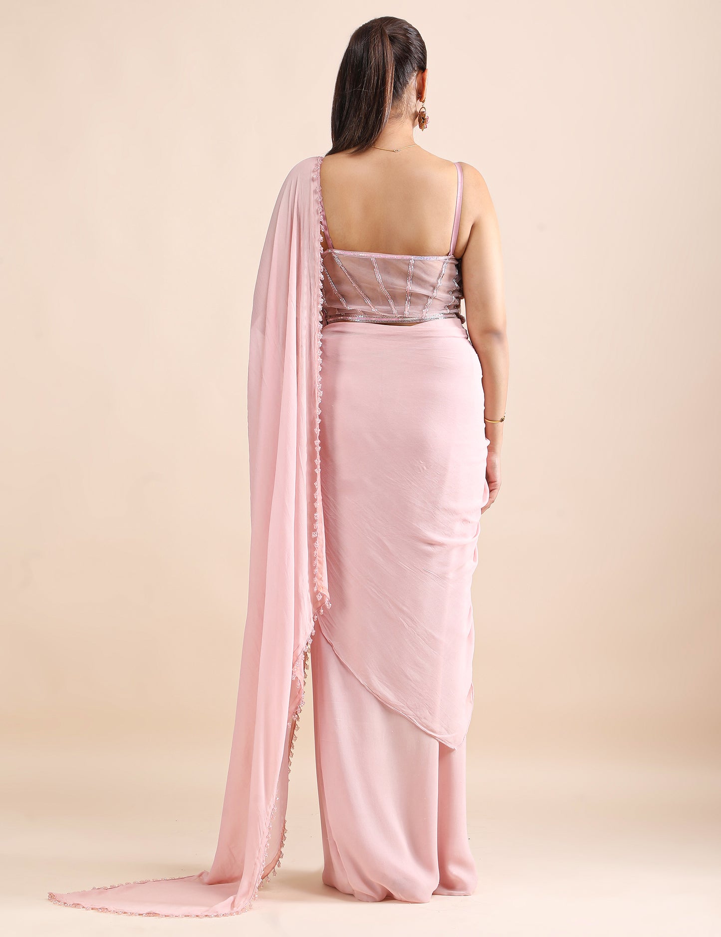 Rosé Whisper Pre-Draped Saree with Embellished Corset Blouse