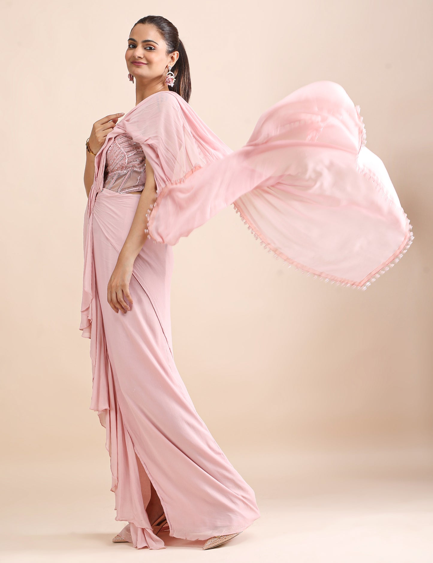 Rosé Whisper Pre-Draped Saree with Embellished Corset Blouse