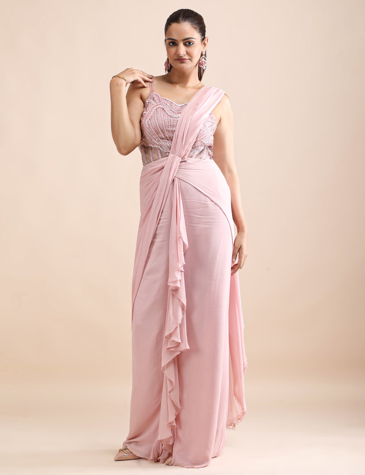 Rosé Whisper Pre-Draped Saree with Embellished Corset Blouse