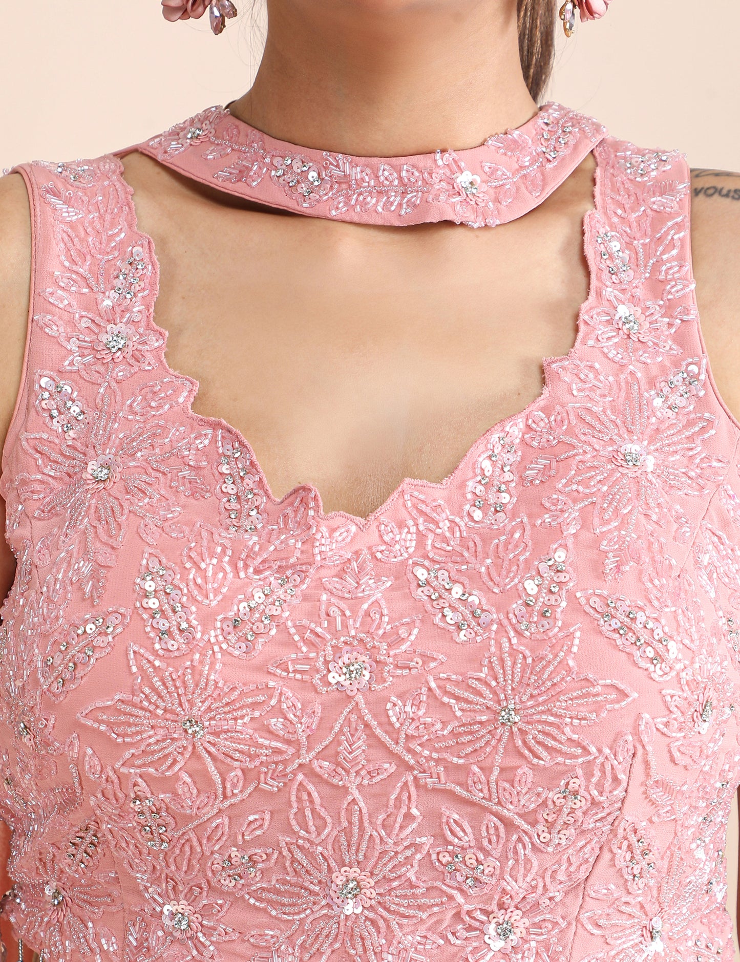 Blush Radiance Embroidered Crop Top & Pleated Palazzo Fusion Set with Flowing Dupatta
