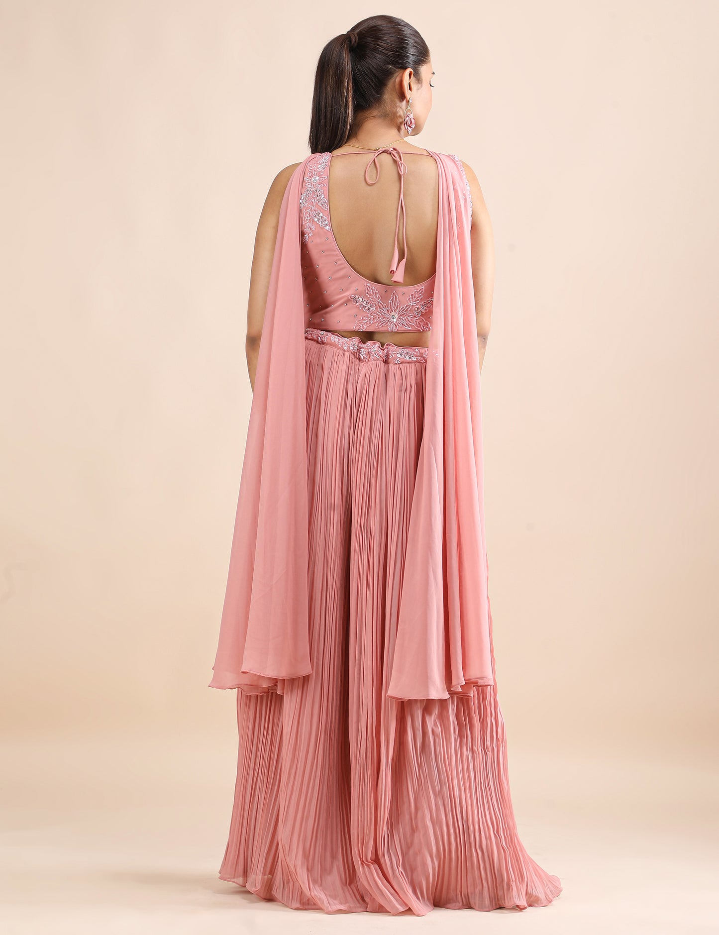 Blush Radiance Embroidered Crop Top & Pleated Palazzo Fusion Set with Flowing Dupatta