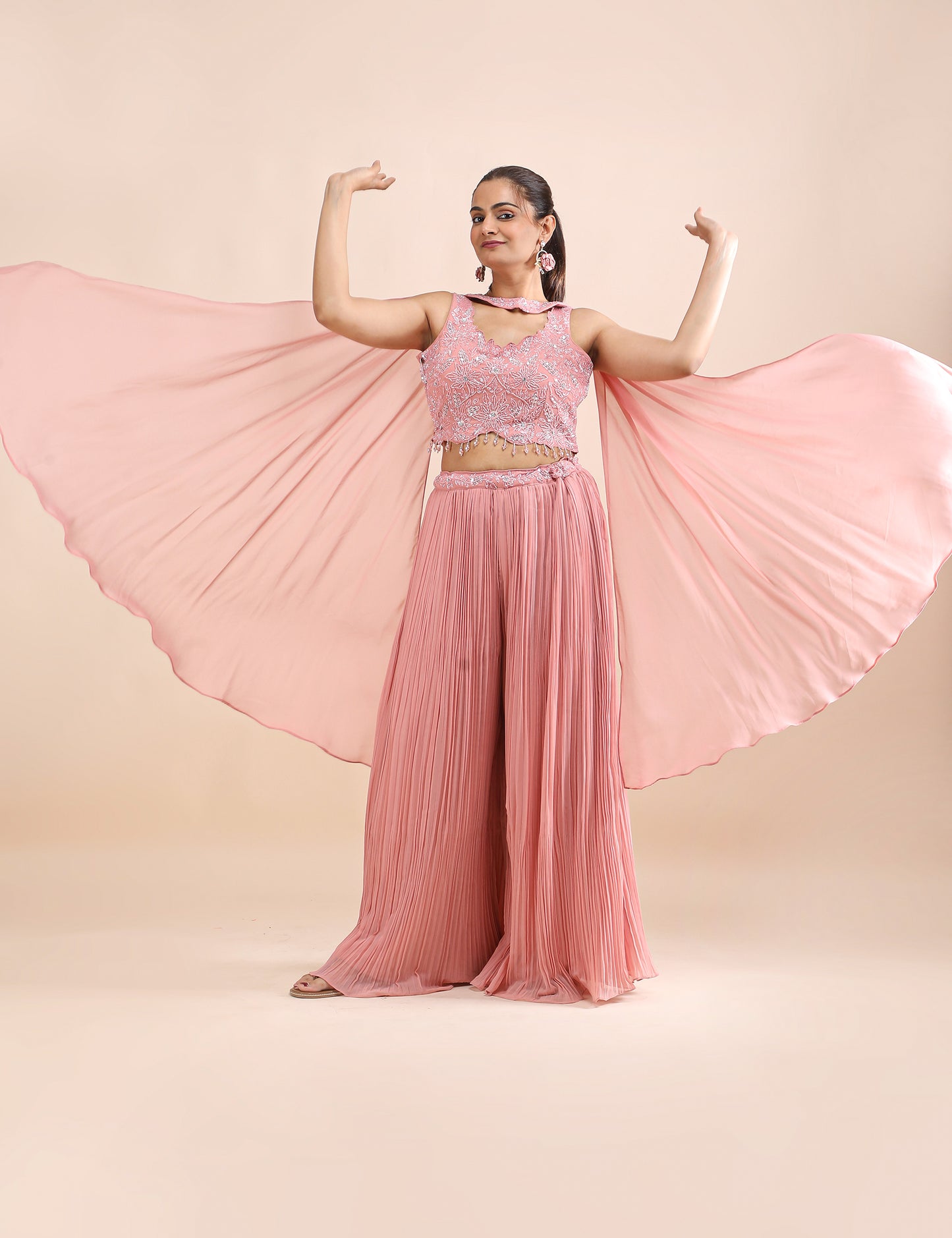 Blush Radiance Embroidered Crop Top & Pleated Palazzo Fusion Set with Flowing Dupatta