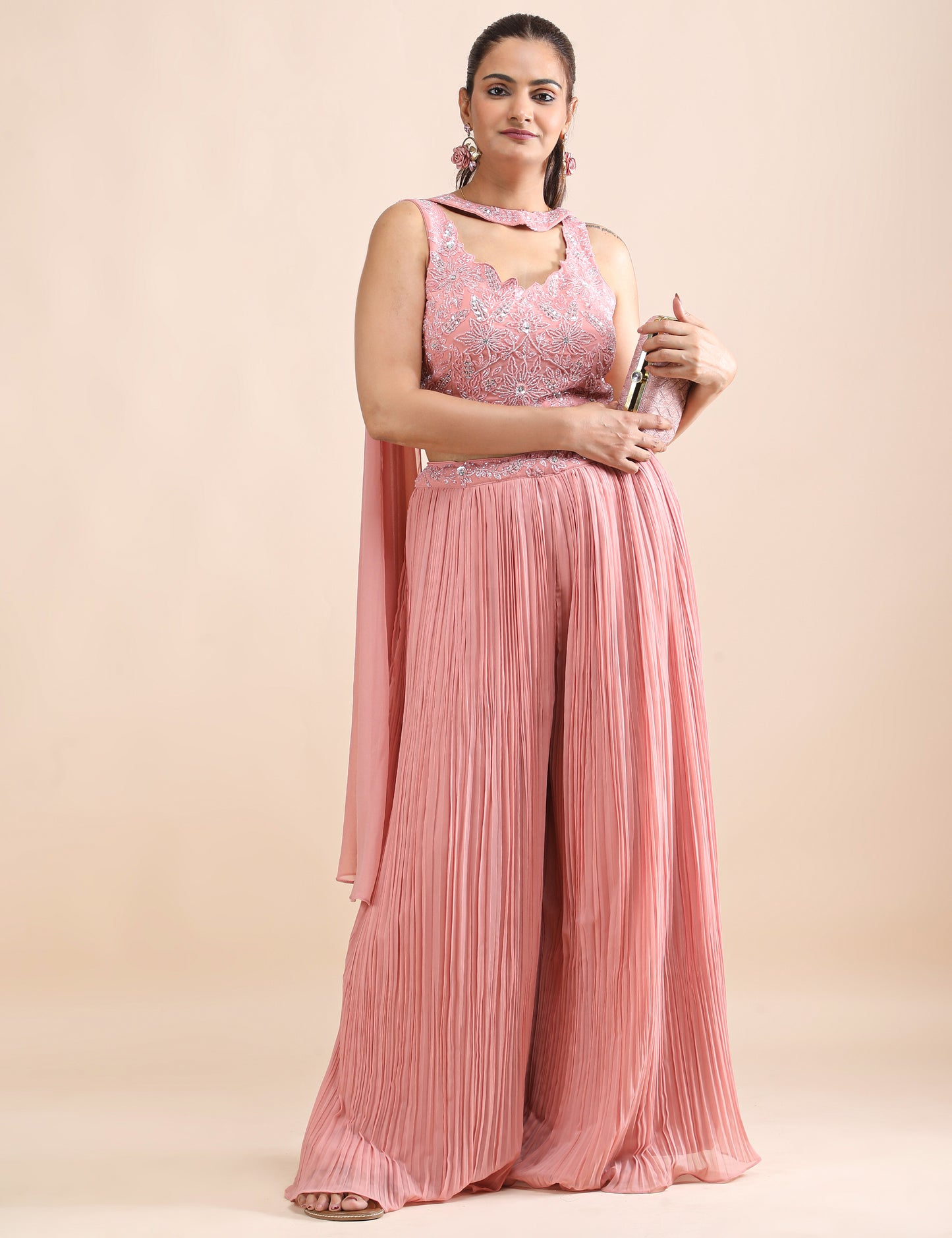 Blush Radiance Embroidered Crop Top & Pleated Palazzo Fusion Set with Flowing Dupatta