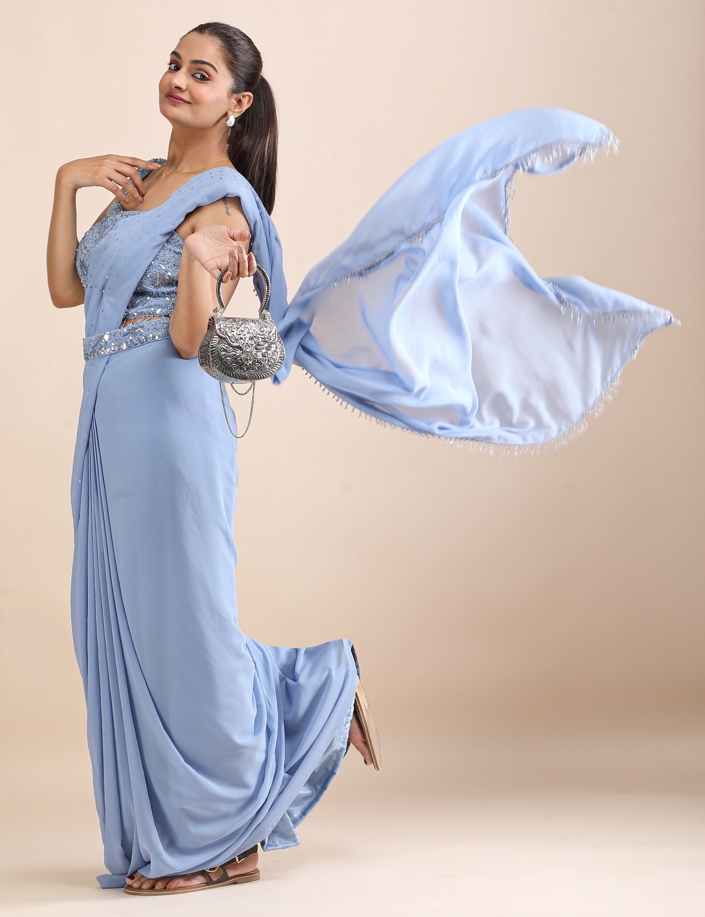 Moonstone Mist Pre-Draped Saree With Blouse