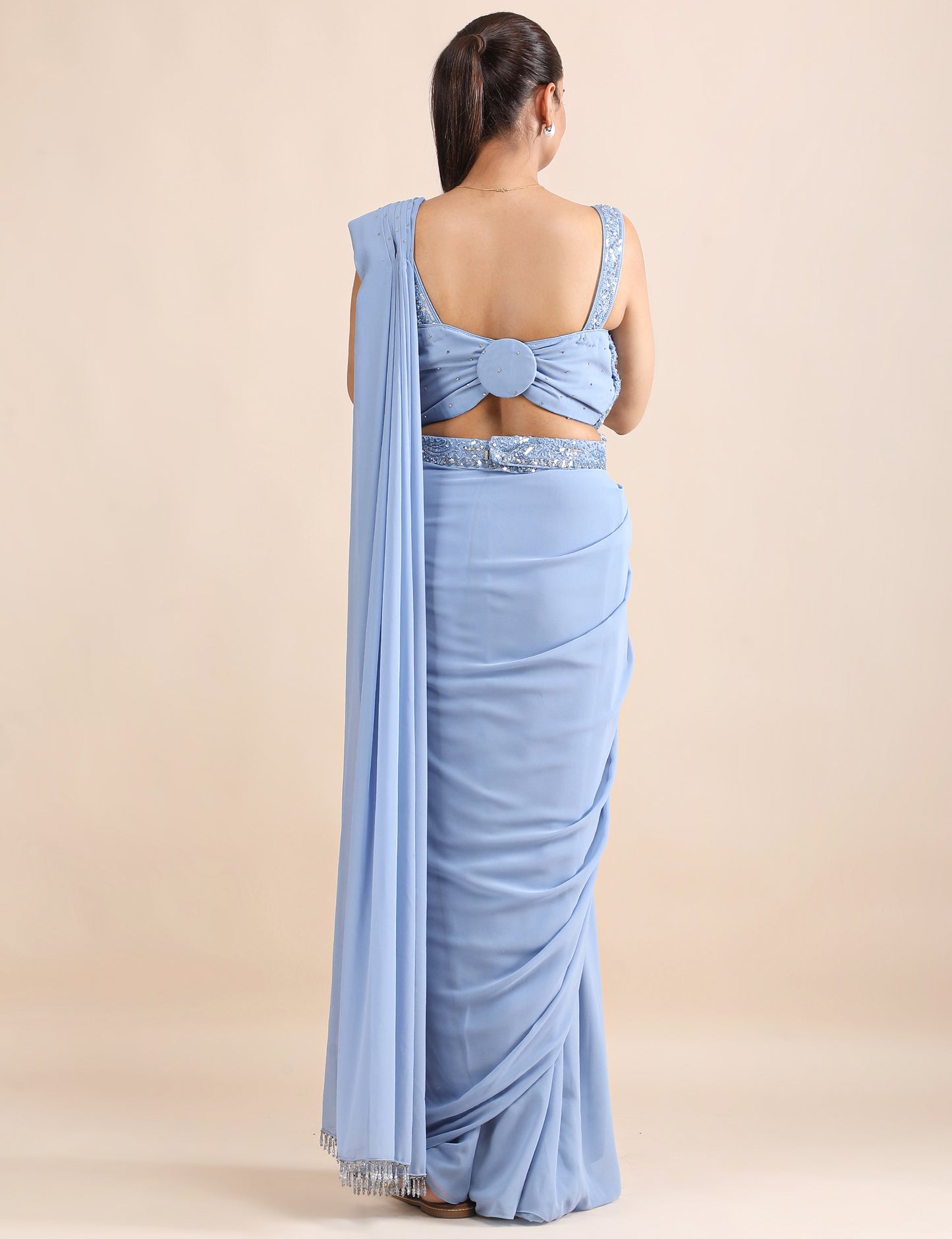 Moonstone Mist Pre-Draped Saree With Blouse