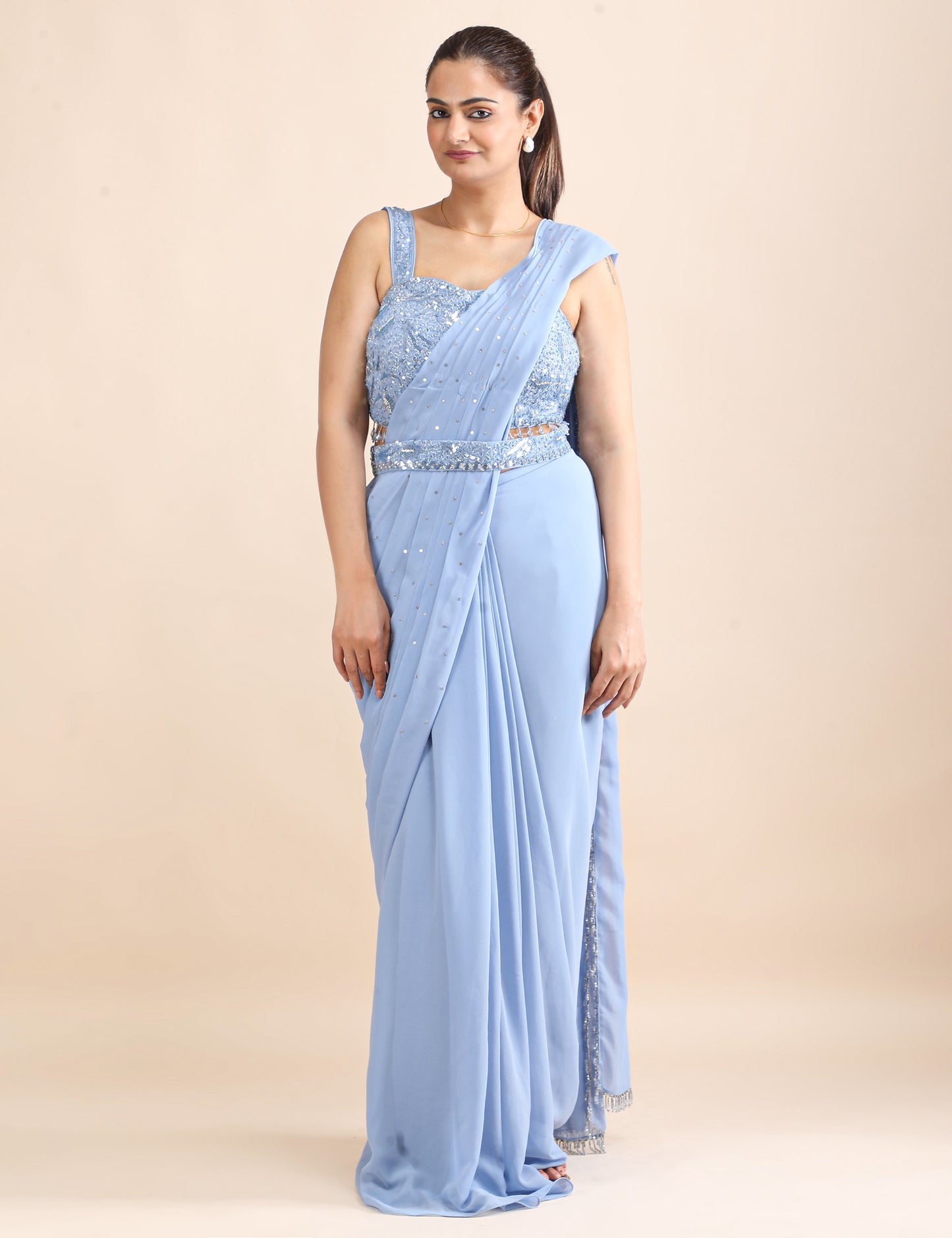 Moonstone Mist Pre-Draped Saree With Blouse