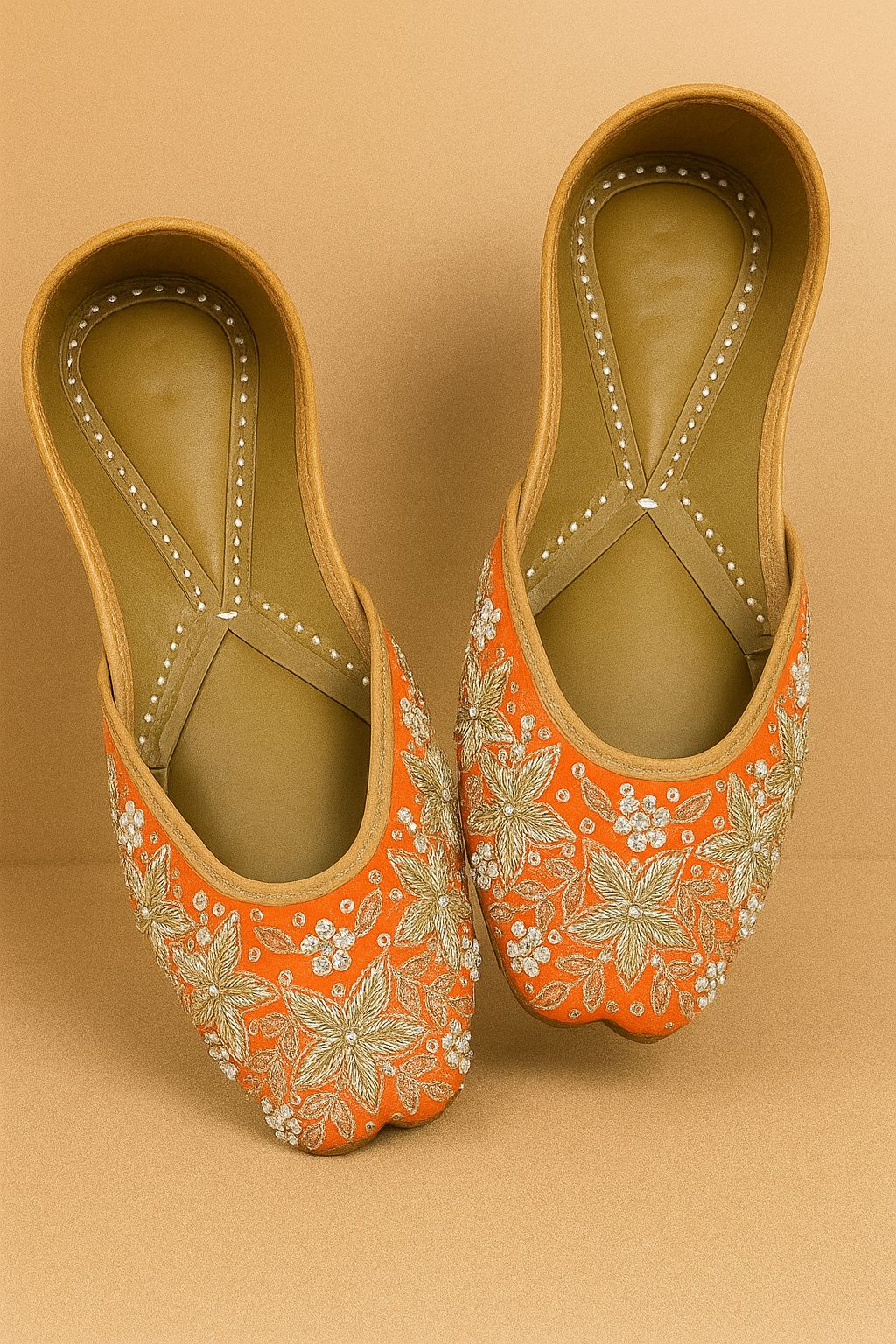 Embellished Orange Floral Jutti for Women – Handcrafted Ethnic Wedding Footwear