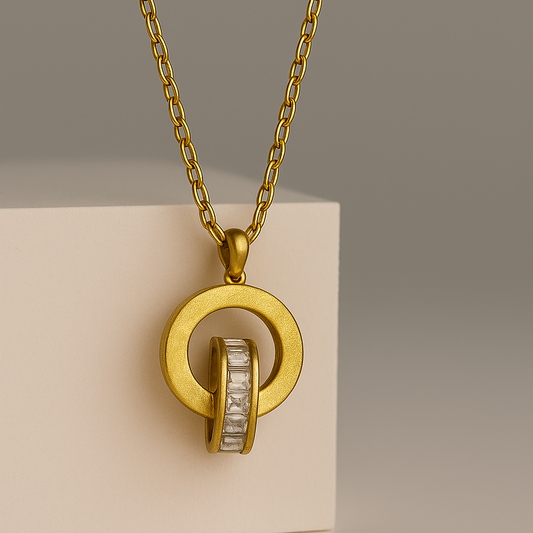 Interlocked Double Ring Pendant Necklace | Two-Tone Gold with Sparkling Zircon | Anti-Tarnish Minimal Modern Jewelry
