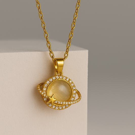 You’re My Universe – Planet & Star Necklace with Sparkling Zircon Orbit | Romantic Gold Pendant