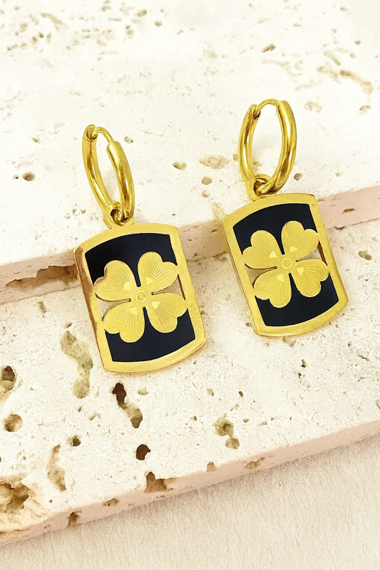 Black Enamel Clover Charm Hoop Earrings | Anti-Tarnish Gold Plated Statement Jewelry