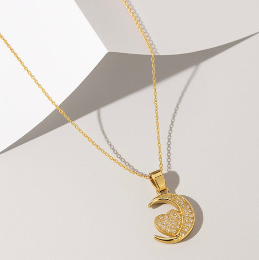 Gold Crescent Moon & Heart Pendant Necklace – Anti-Tarnish Dainty Crystal Love Charm for Women