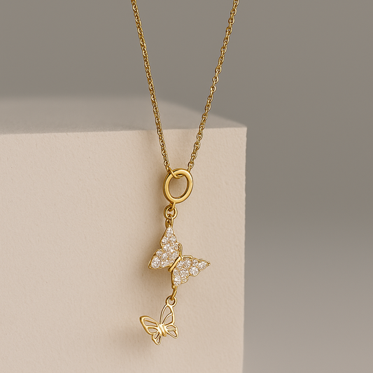 Dancing Butterflies Pendant Necklace with Sparkling Zircon | Anti-Tarnish Gold Plated Dainty Nature-Inspired Jewelry