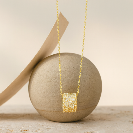 Luxury Gold Barrel Pendant Necklace with Sparkling Zircon Detailing | Anti-Tarnish Minimal Statement Jewelry