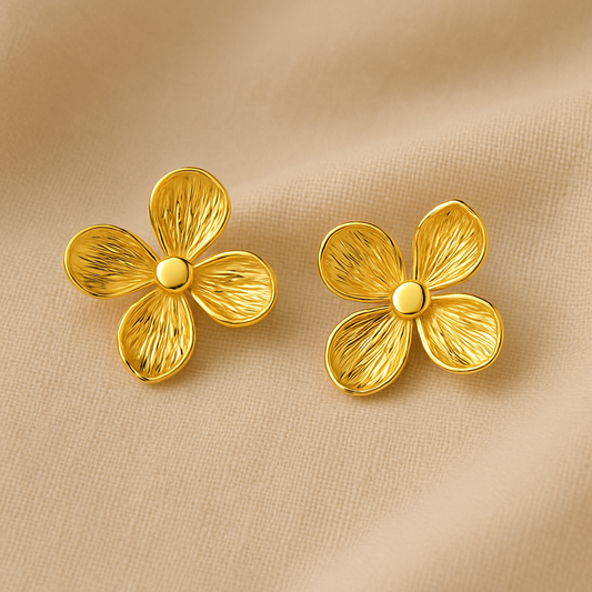 Golden Bloom Textured Flower Stud Earrings | Anti-Tarnish Gold Plated Elegant Everyday Jewelry