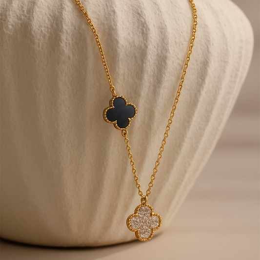 Gold Dual Clover Pendant Necklace – Anti-Tarnish Black & Crystal Clover Charm for Women