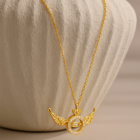 Gold Angel Wing Pendant Necklace – Anti-Tarnish Crystal Charm Symbol of Strength & Freedom