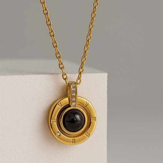 Anti-Tarnish Gold Pendant Necklace with Black Onyx & Roman Numerals – Diamond Accent