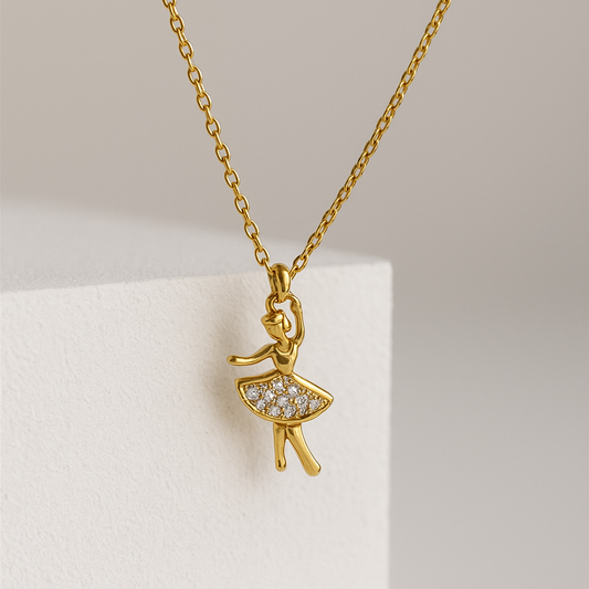 Anti-Tarnish Gold Ballerina Pendant Necklace with Sparkling CZ Crystals