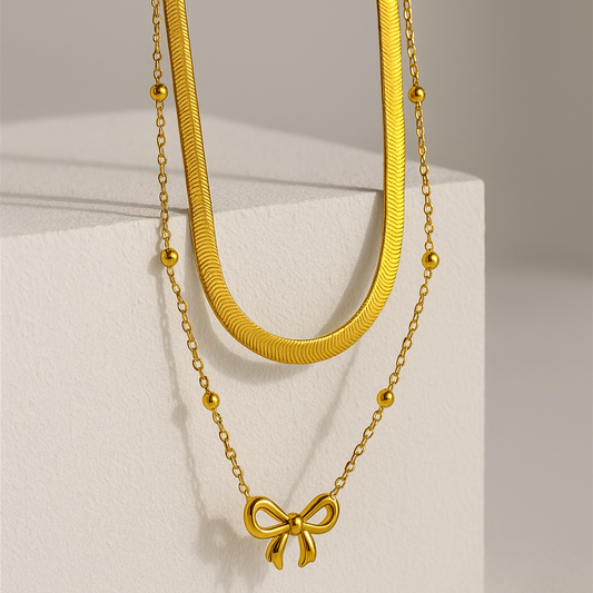 Anti-Tarnish Double Layer Gold Necklace with Cute Bow Pendant