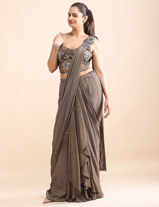 Sage Siren Pre-Draped Saree with Embellished Corset Blouse