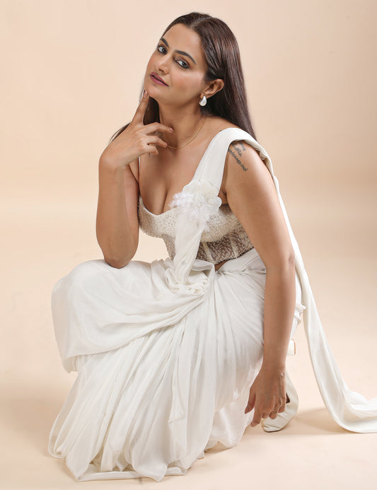 Ivory Bloom Pre-Draped Saree with Embellished Corset Blouse