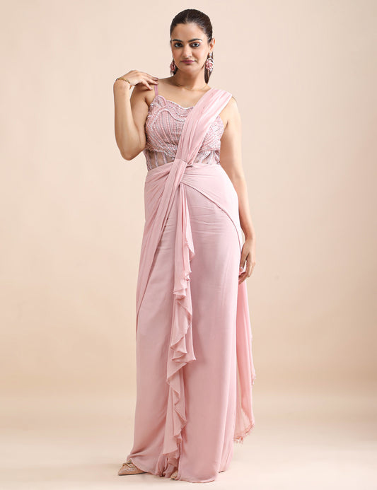 Rosé Whisper Pre-Draped Saree with Embellished Corset Blouse