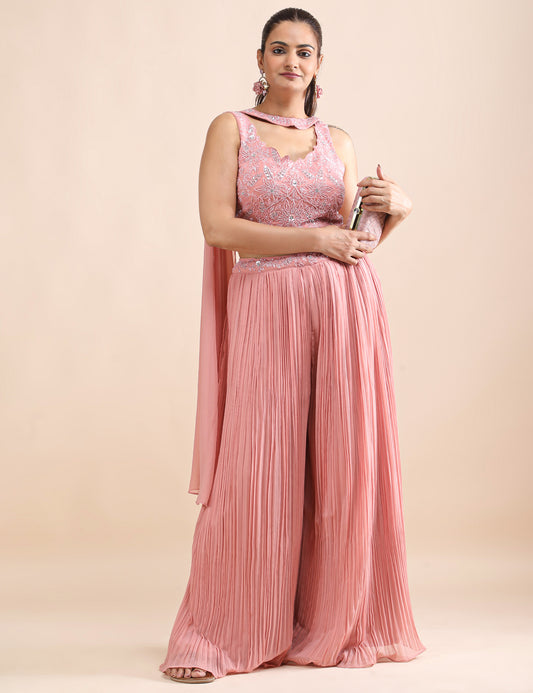 Blush Radiance Embroidered Crop Top & Pleated Palazzo Fusion Set with Flowing Dupatta