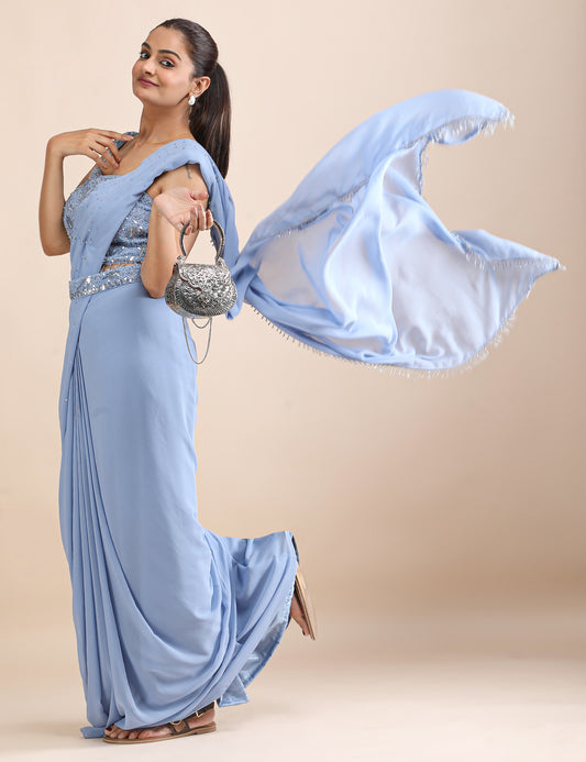 Moonstone Mist  Pre-Draped Saree With Blouse