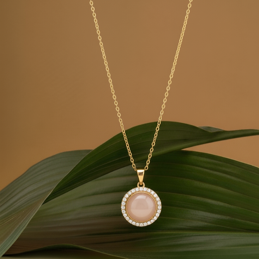 Elegant Beige Stone Pendant Necklace with Sparkling Zircon Border | Anti-Tarnish Gold Plated Minimal Jewelry