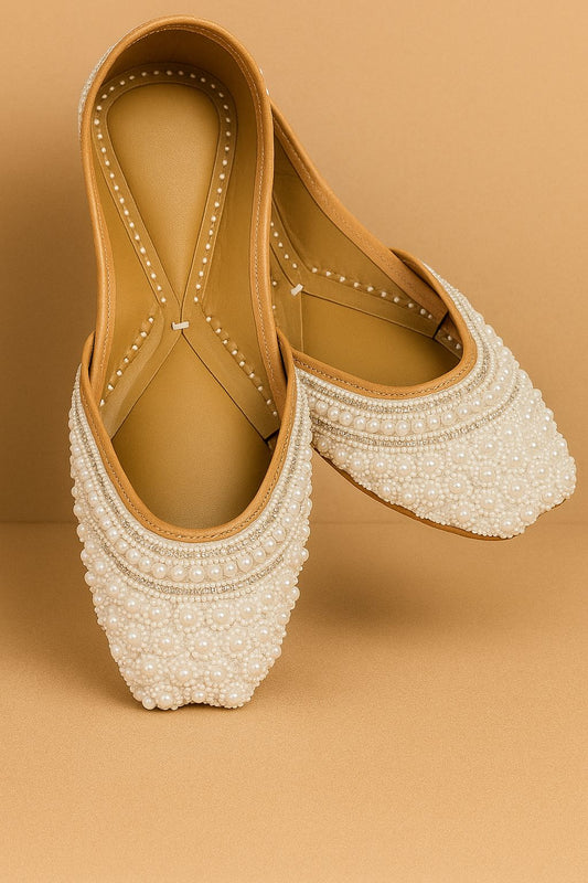 Handcrafted White Pearl Embellished Jutti – Bridal & Festive Women’s Footwear