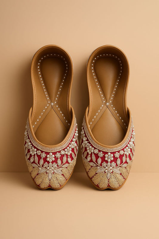 Red & Gold Embellished Jutti – Bridal & Festive Handcrafted Flats for Women