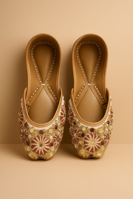 Ivory & Rust Floral Embroidered Jutti – Handcrafted Wedding & Festive Ethnic Flats