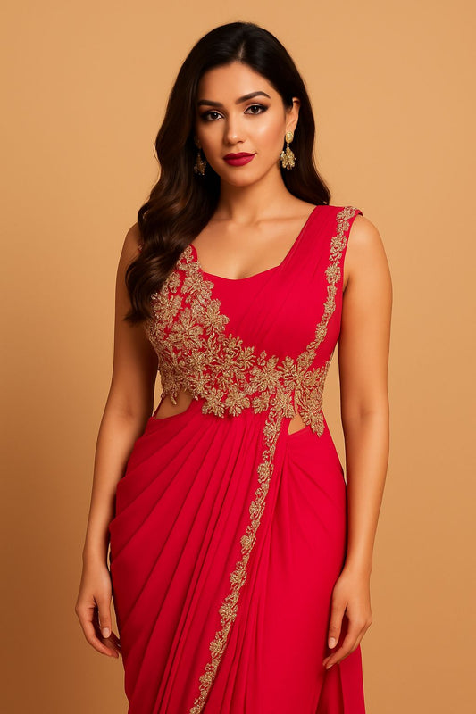 Aarohi Hot Pink Luxe Saree with Golden Embroidery | Elegant Party Wear Saree for Women