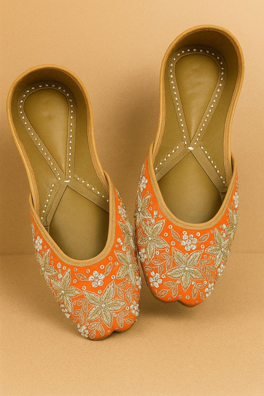 Embellished Orange Floral Jutti for Women – Handcrafted Ethnic Wedding Footwear