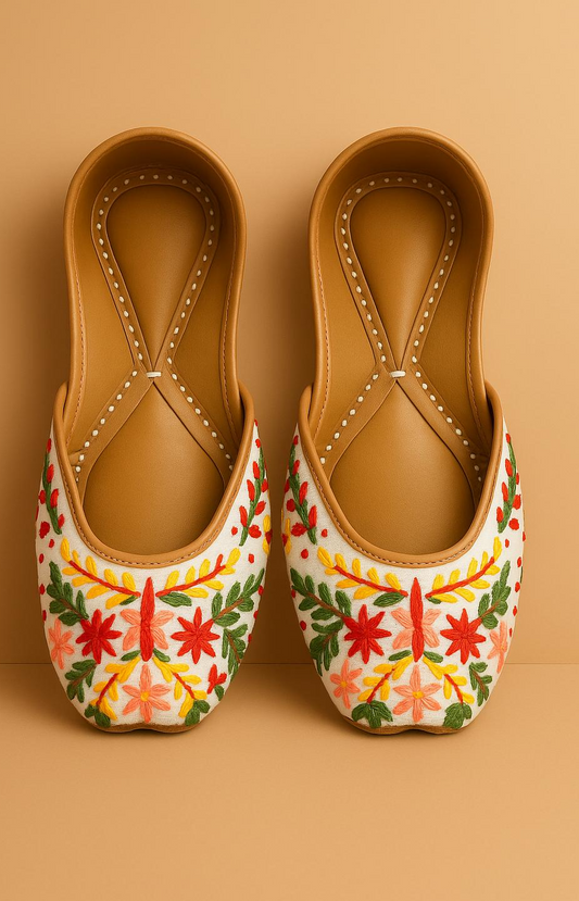 White Handcrafted Jutti with Intricate Thread Embroidery – Festive & Wedding Wear